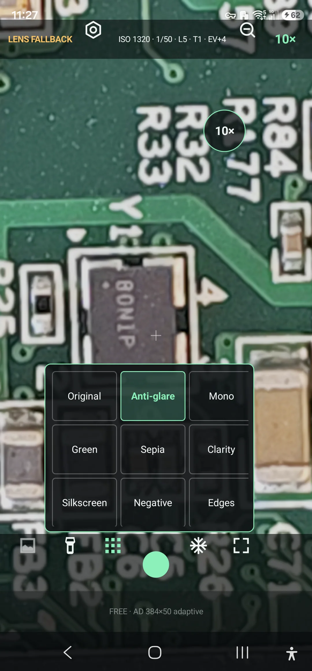 The live image-effects menu over a real PCB under a Samsung Galaxy S23 Ultra camera