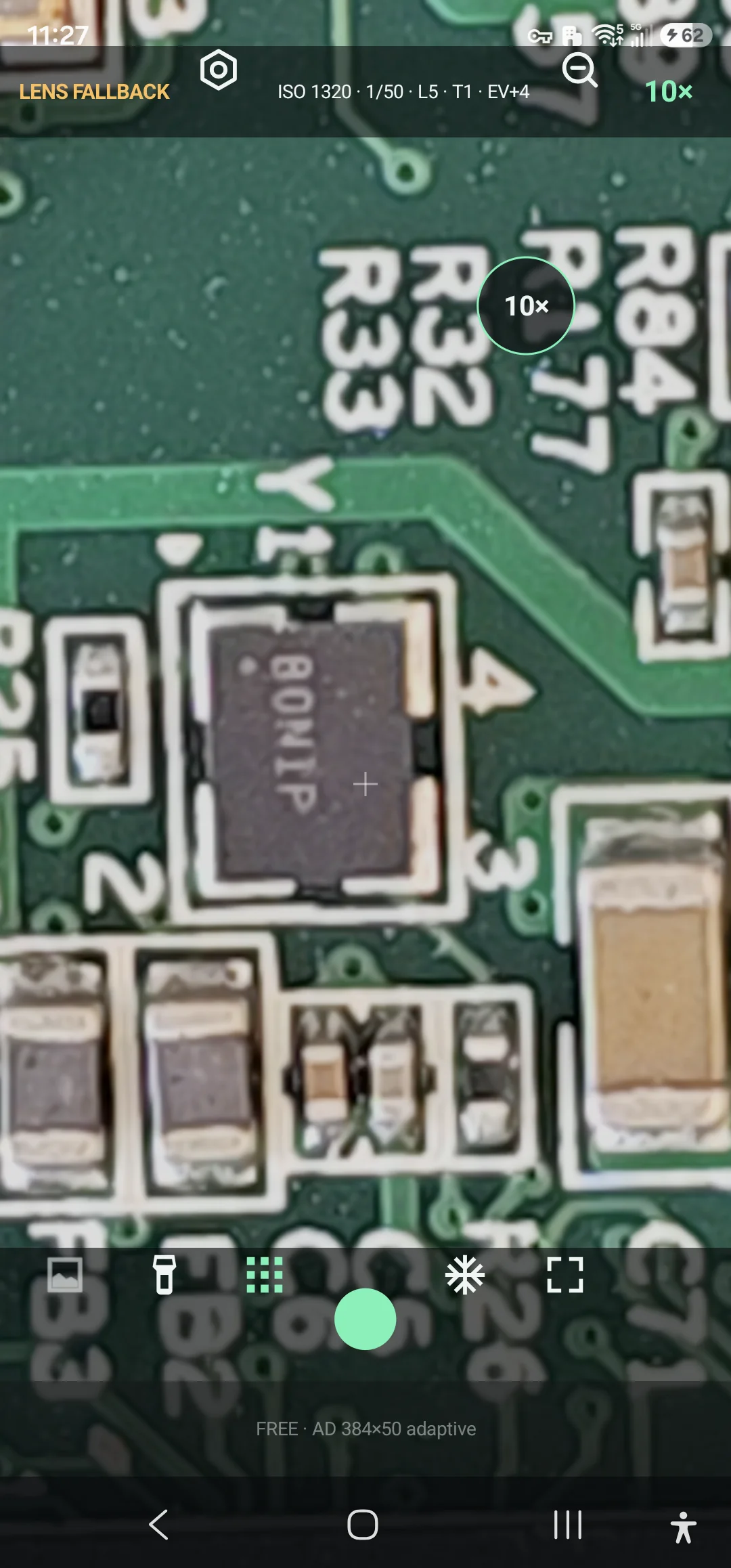 Actual 10× inspection view of a real PCB component on a Samsung Galaxy S23 Ultra
