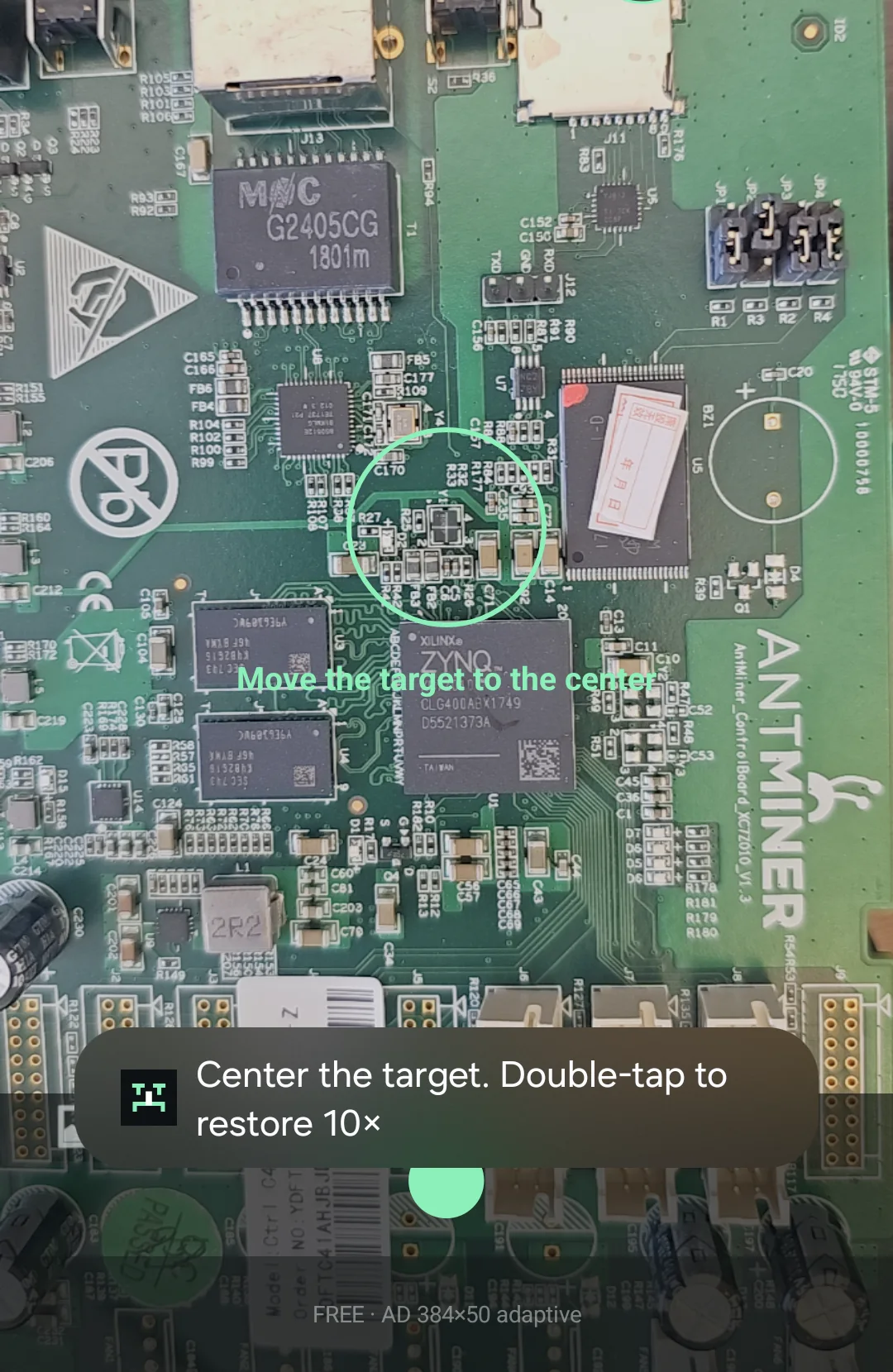 Actual 1× overview of a real Antminer controller PCB on a Samsung Galaxy S23 Ultra